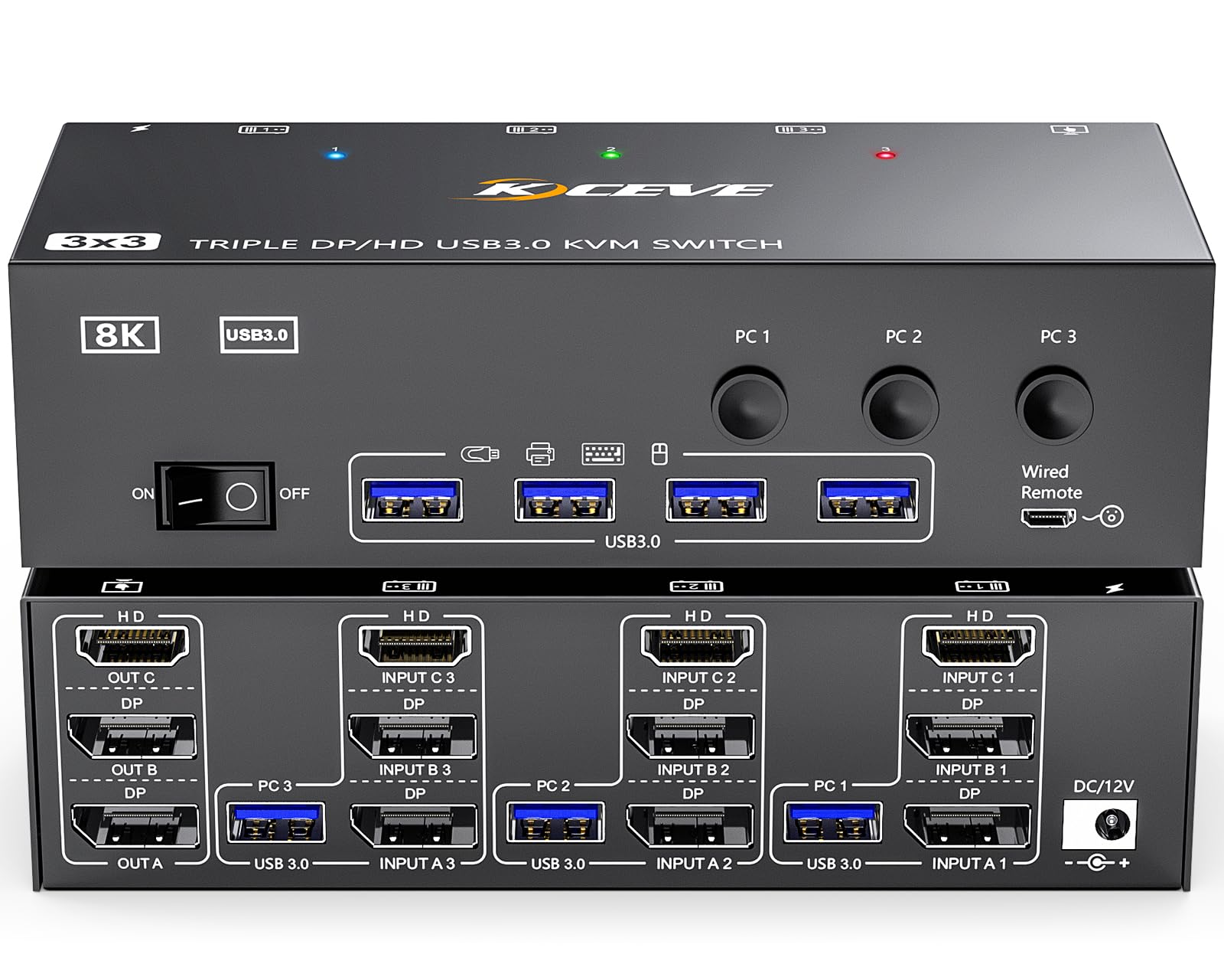 Photo 1 of KVM Switch 3 Monitors 3 Computers 8K@60Hz, MLEEDA HDMI + 2* Displayport Triple Monitor KVM Switch,3 Monitor KVM with 4 USB 3.0 Ports for Keyboard Mouse Printer, Wired Remote and Power Adapter Included