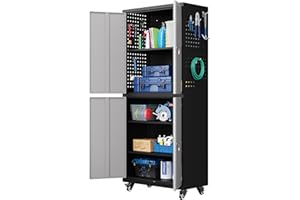Yizosh Metal Garage Storage Cabinet with Locking Doors and Adjustable Shelves, Rolling Tool Storage Cabinet with 4 Wheels, 73" Steel Locking Cabinet for Garage, Warehouse (Black Grey