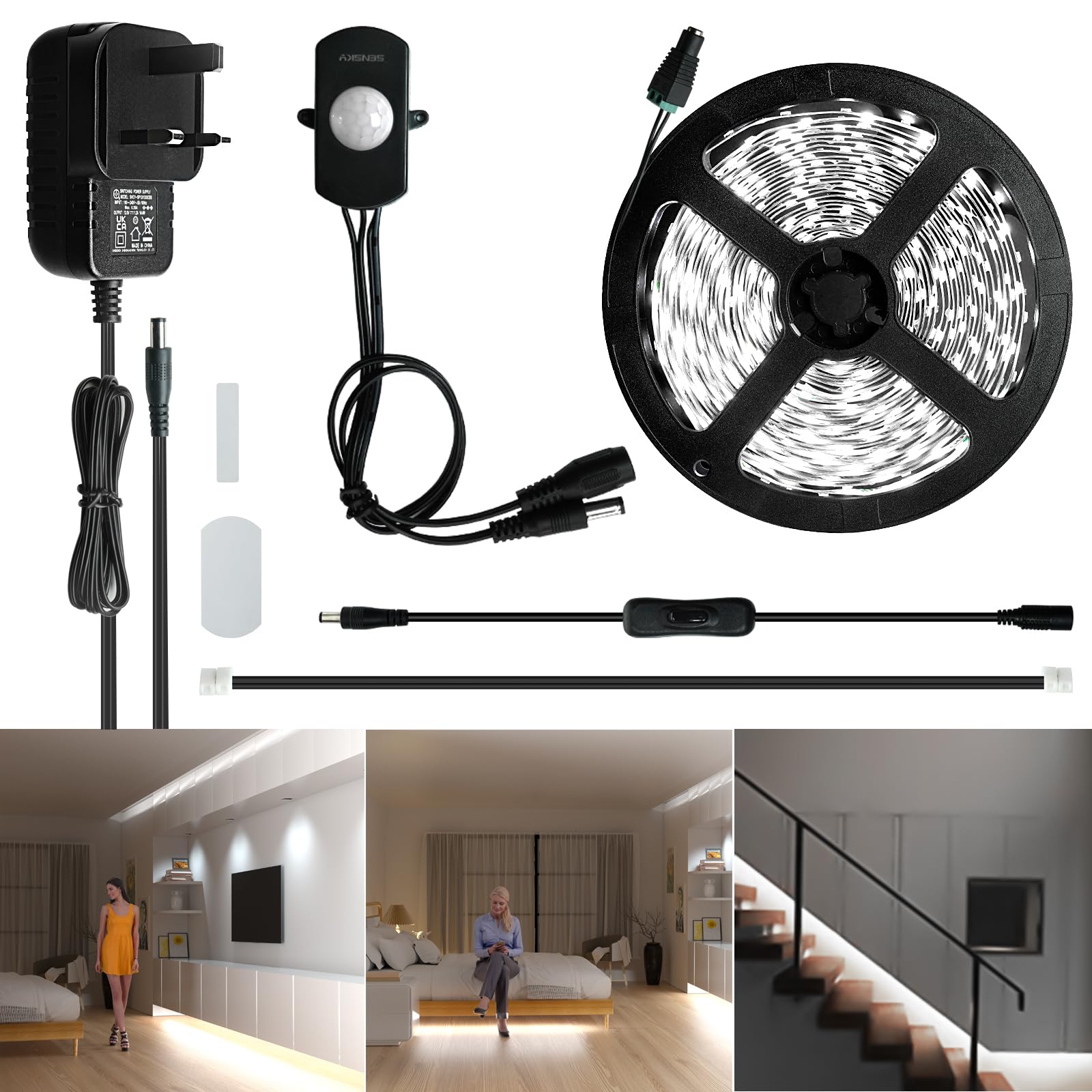 Sensky Dimmable Motion Sensor LED Strip Light Under Cabinet Lighting Kit, LED Strip Light with Motion Sensor, forfor Kitchen Home Bed Lights,Shelf,TV Wall Lighting (8.2FT,6000K-6500K)