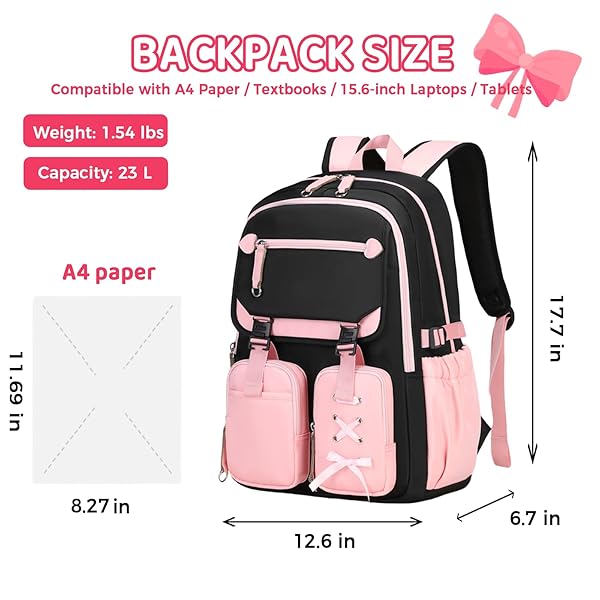 TYHOTULY 3PCS CUTE AESTHETIC GIRLS BACKPACK WITH LUNCH BOX PENCIL CASE SET, ELEMENTARY MIDDLE HIGH SCHOOL STUDENT BOOK BAG FOR KIDS TEENS, LARGE CAPACITY KAWAII PREPPY BOW TIE BOOKBAG