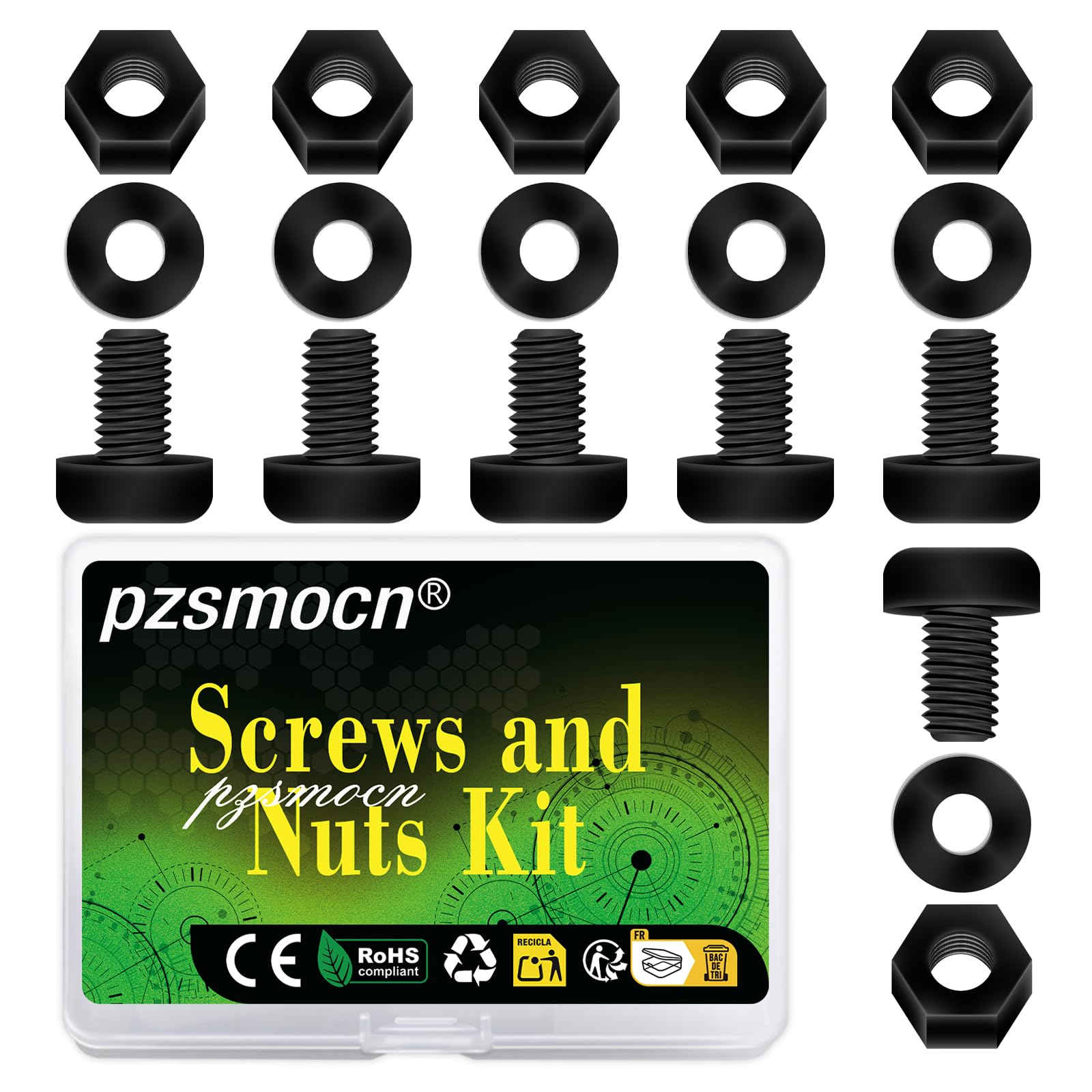 Pzsmocn 300 Pieces/100 Sets M3*5 mm Plastic Black Nylon Cross Round Head Screw Hexagonal Nut Combination Kit, with Insulating Washers, Standard Size, For DIY and Electronic Assembly.