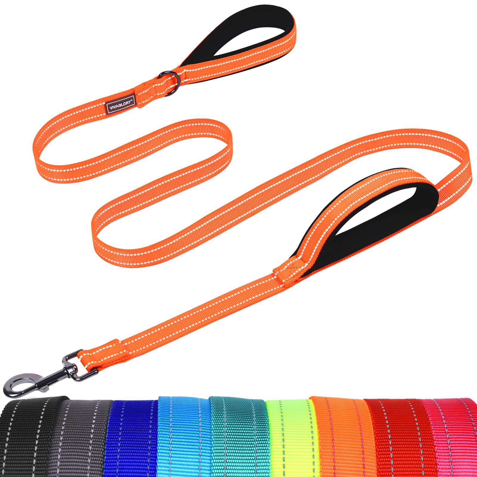 VIVAGLORY Dog Lead Twingrip Double Handle Dog Lead, Leash with Traffic Handle & 2 Loop for Walking & Training, Traffic Control Reflective Heavy Duty for Puppy Pet, 1.8m x 2.5cm, Orange