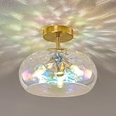 Vintage Semi Flush Mount Ceiling Light ,12&Prime; Art Deco Rainbow Hammered Glass | Gold,Mid Century,Whimsical,MCM,Unique Cute Retro Light Fixtures for Girls Bedroom,Entryway Laundry Room Kitchen Closet Foyer