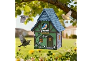 MINWOLF Bird Houses for Outside Cottage Garden Birdhouse –Green Resin Birdhouses for Outdoors with Flower and Stone Details for Bluebird Finches Cardinals Bird Nesting Garden, Patio, Yard