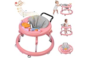 ERMEIRABBIT Baby Walker Foldable, Baby Walkers and Activity Center for Boys Girls Babies 6-12 Months with Feeding Tray & Music, and 5 Adjustable Heights, Baby Walker with Wheels