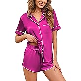 Ekouaer Womens Silk Satin Pajamas Set Short Sleeve Sleepwear Button Down Loungewear 2 Piece Pjs Shorts Set S-5X Plus Size
