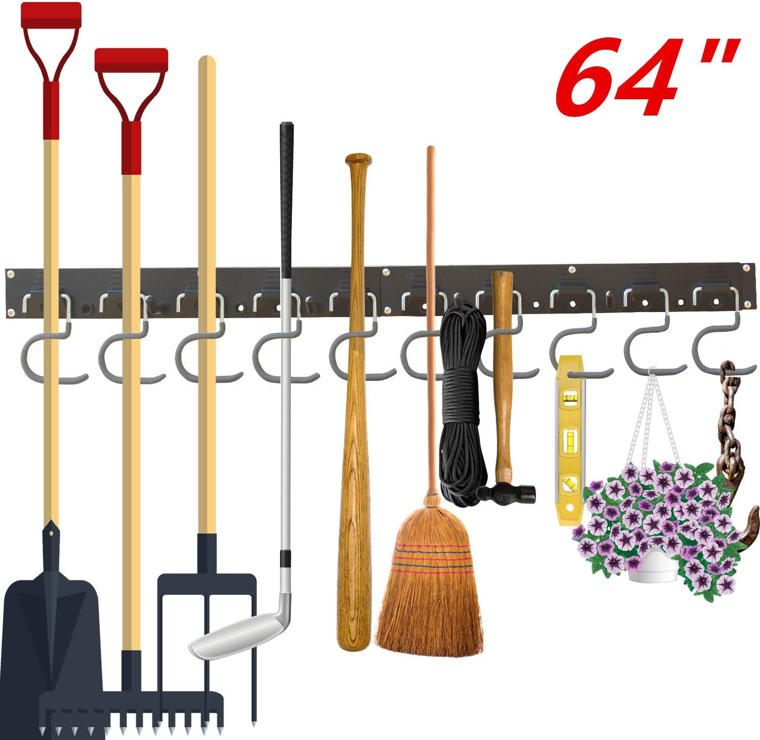 Adjustable Storage System 64 Inch Storage Solutions for Broom Holders Garage Storage Systems Broom Organizer with Gray Hooks