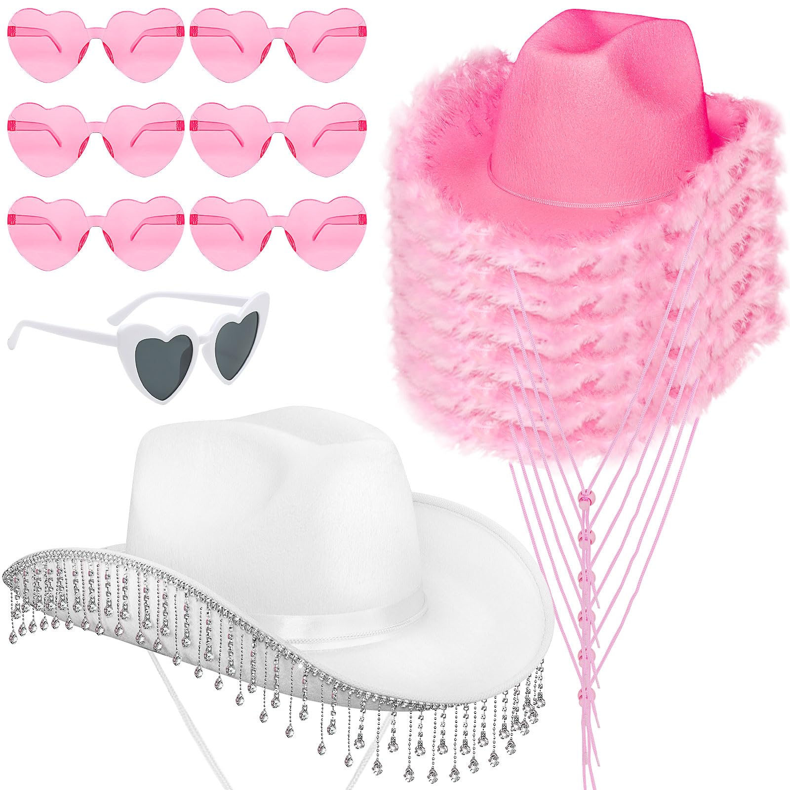 14 Pcs Cowgirl Hats Bulk for Women, Fluffy Feather Western Cowboy Hat with Heart Sunglasses for Wedding Bachelorette Birthday Bridal Party