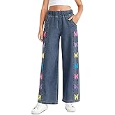 Haloumoning Girls Butterfly Print Jeans Kids Elastic Waist Wide Leg Denim Baggy Pants with Pockets 5-14Y