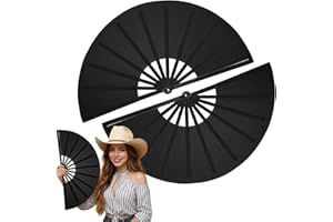 Maitys 2 Pcs Large Clap Fans for Line Dancing 13 Inches Folding Hand Rave Fan Nylon Cloth Foldable for Line Dancing Festival Craft Dance Decoration for Party Favors(Black,Simple Pattern)