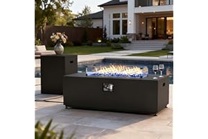 LayinSun 42 Inch Outdoor Fire Pit Table for Outside Patio, 55000BTU Rectangle Propane Firepit with Hidden Fuel Tank, Glass Wind Guard, Waterproof Cover and Lid