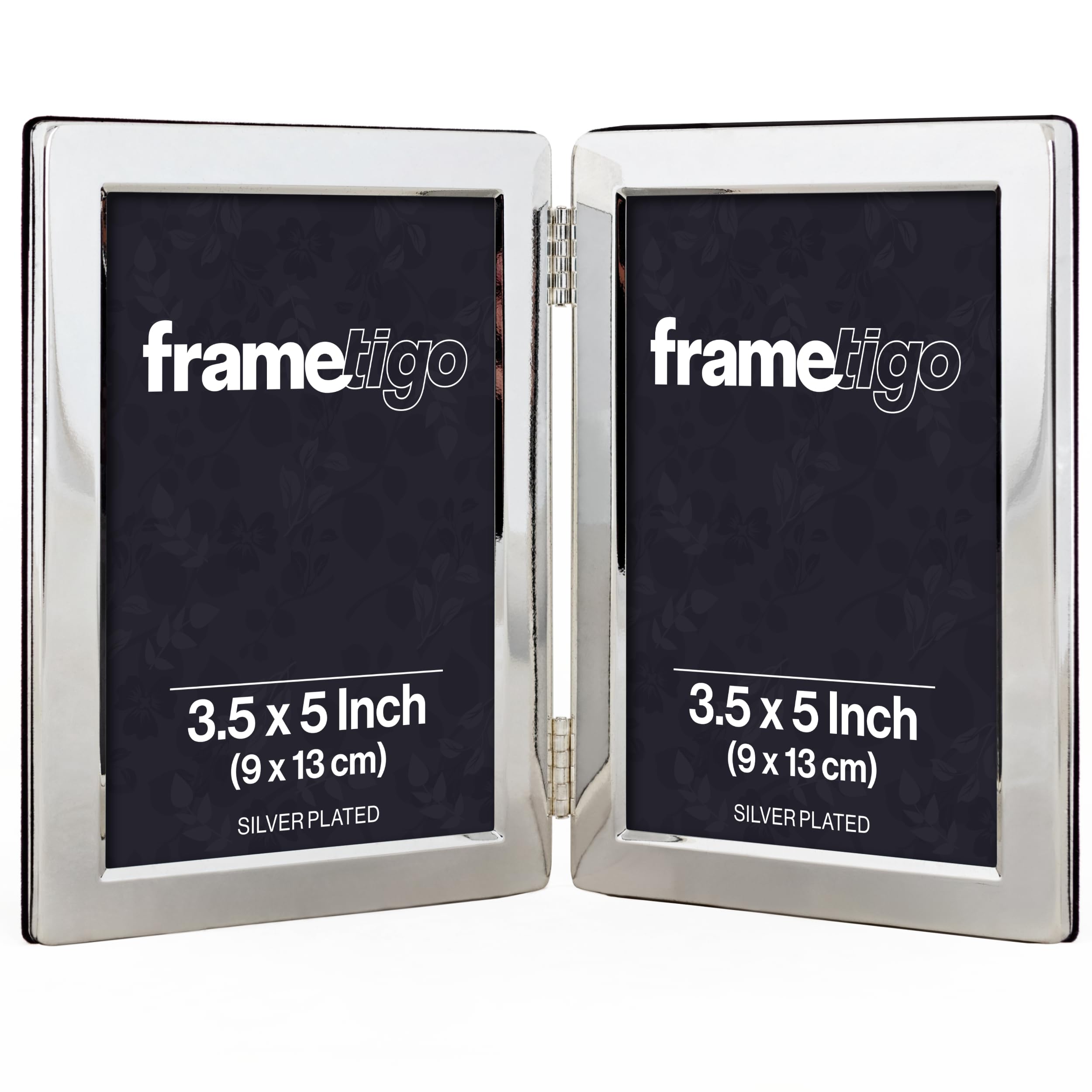 Frametigo - Silver Plated Flat Edge Double Photo Frame, 3.5"x5" (9x13cm) Photo Size - Portrait Orientation - Real Glass Window - Traditional Silver Picture Frames - Tarnish Resistant