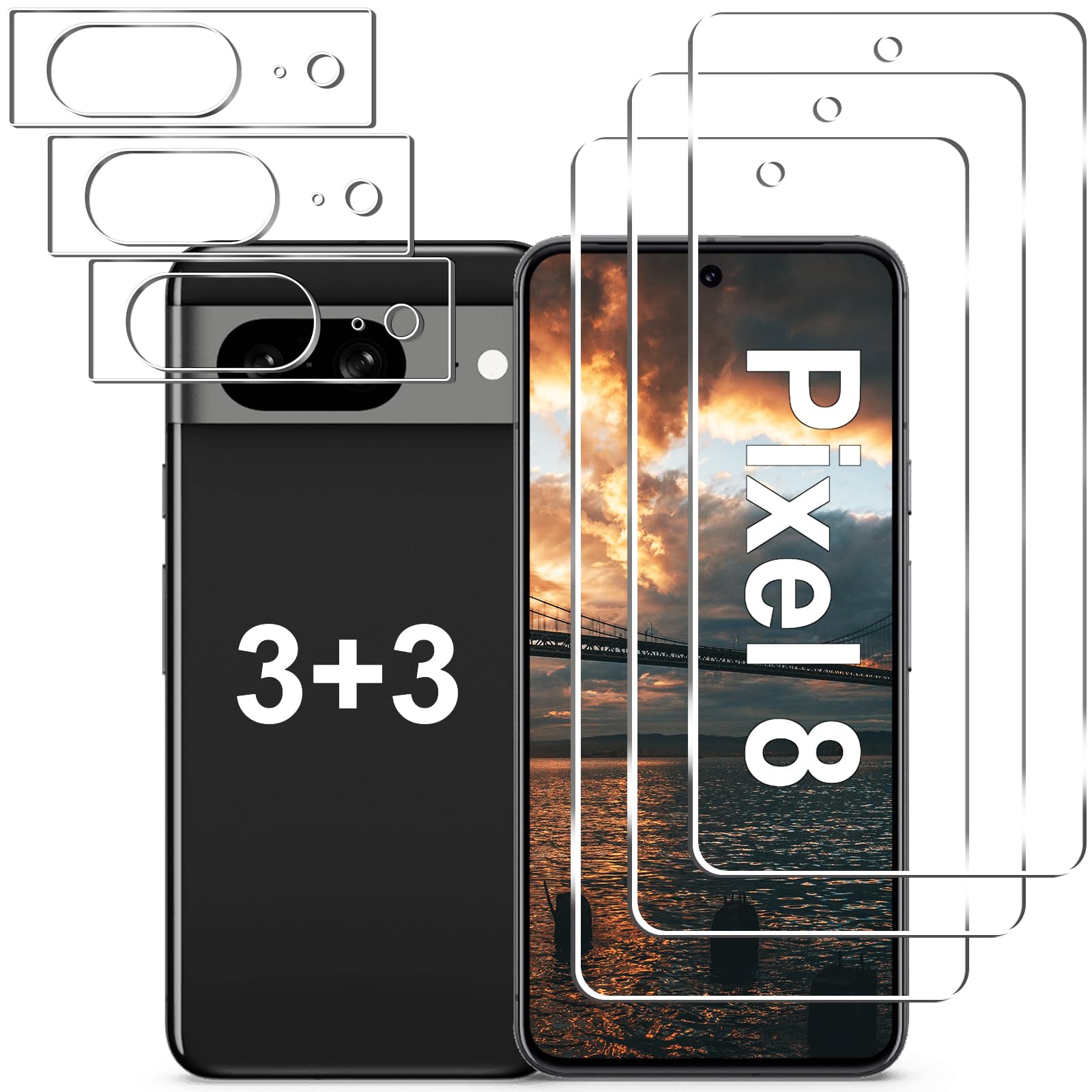 Photo 1 of [3+3 Pack] Pixel 8 Screen Protector + Camera Lens Protector, 9H Tempered Glass, Fingerprint Unlock, Anti-Scratch, Easy Installation, HD Screen Protector for Google Pixel 8 5G