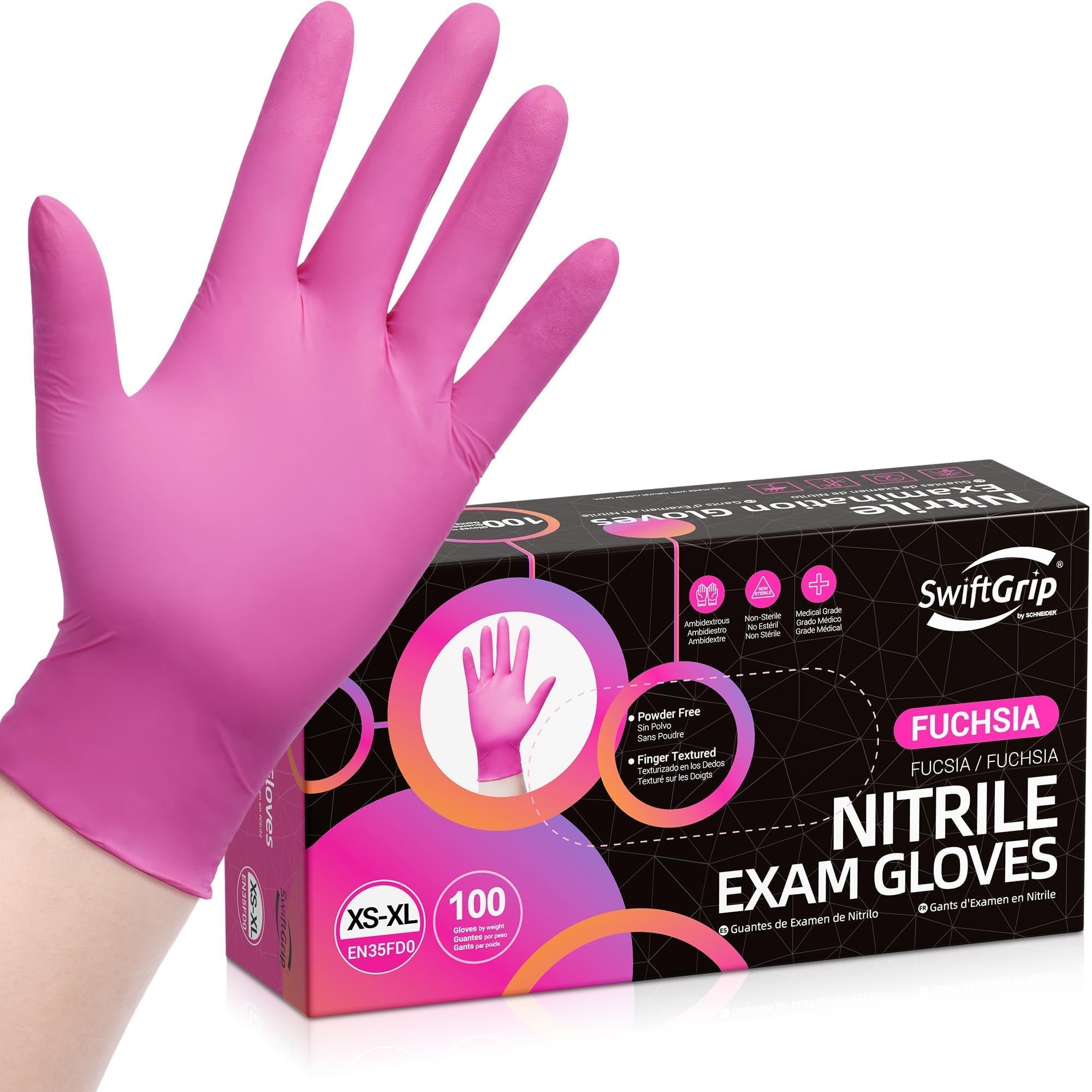 Photo 1 of SwiftGrip Powder-Free Nitrile Gloves, Large, 100ct Box - 3-mil, Disposable, Latex-Free, for Kitchen, Cleaning, Estheticians, Hair Stylist - Pink/Fuchsia