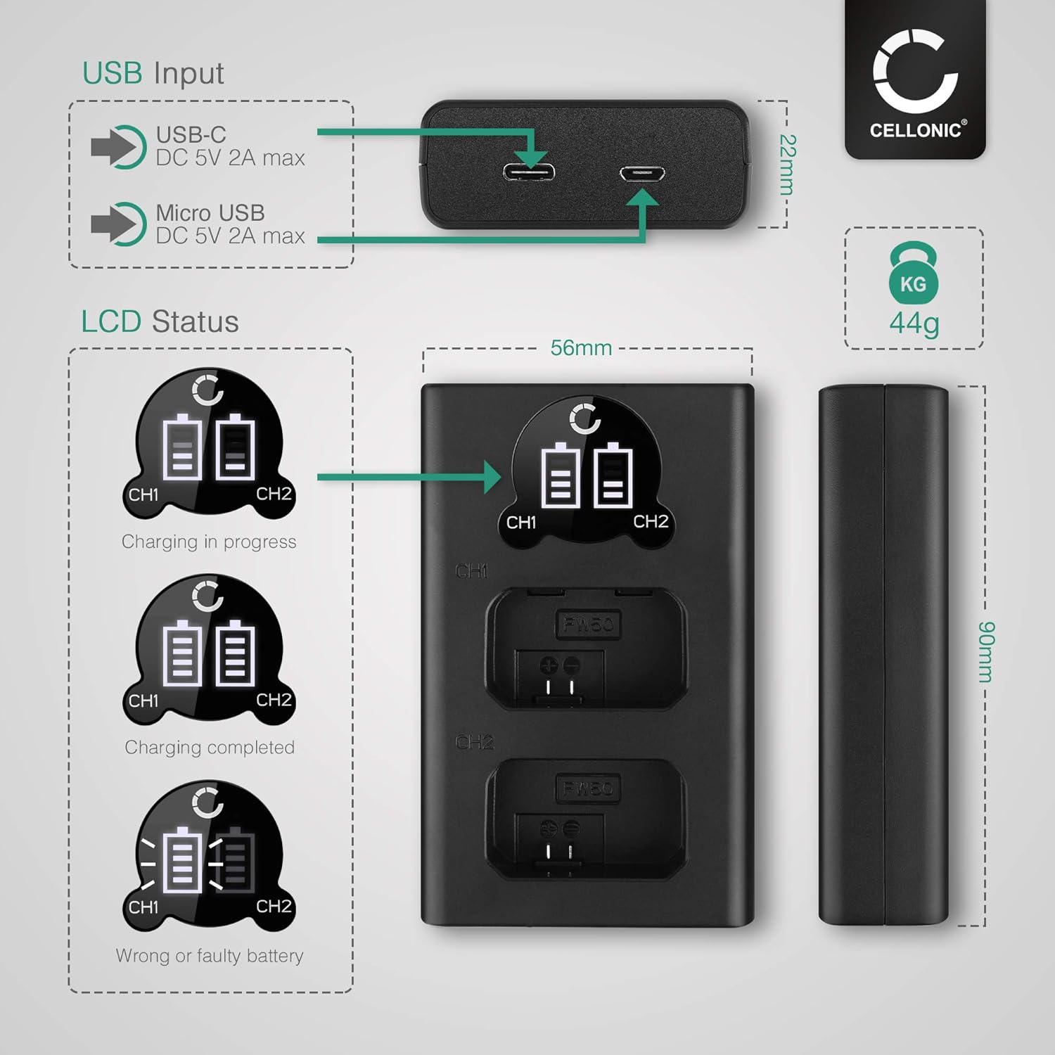 CELLONIC Smart & Fast NP-FW50 Dual Charger compatible with BC-VW1 USB Cable Charging Cable USB Power Supply - Image 5