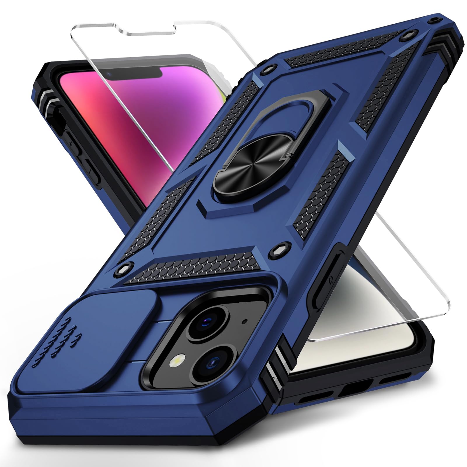 Weycolor for iPhone 14 Plus Case with Camera Lens Cover, HD Screen Protector, 10 FT Military Grade Drop Protection, Magnetic Ring Holder Kickstand Protective Phone Case, Navy Blue