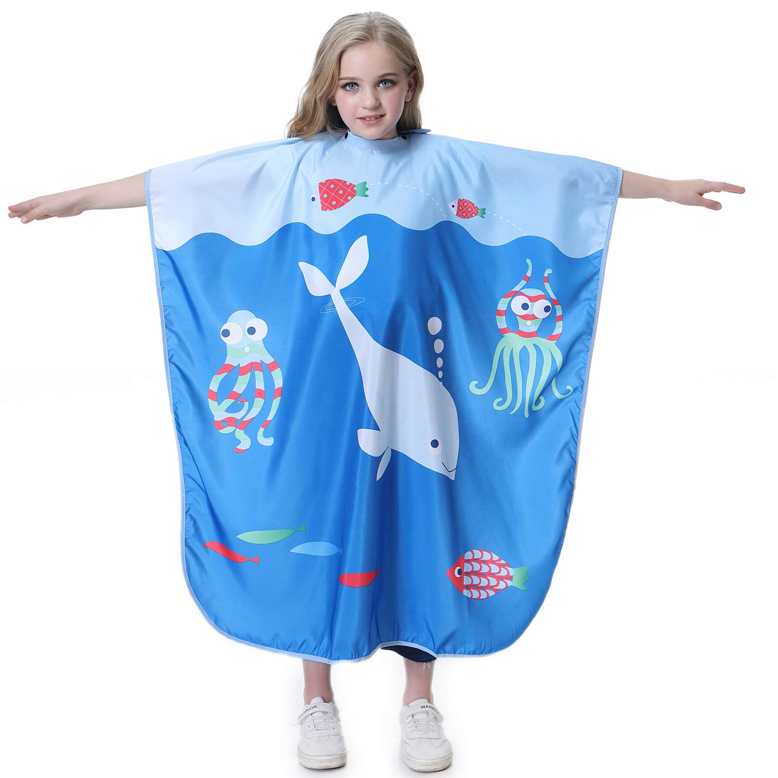 KaHot Haircut Salon Hairdressing Cape for Kids Child Styling Polyester Smock Cover Waterproof Shampoo & Cutting Household Capes with Snap Closure,37"×51" (Whale)