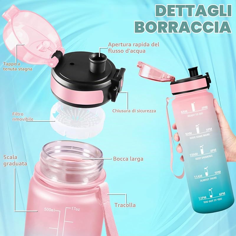 Borraccia Palestra 1 litro, Senza Perdite, Borraccia Motivazionale, Facile da Trasportare, con Orari per Bere, Facile da Pulire, per Campeggio, Fitness, Scuola, Yoga