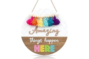 CHDITB Classroom Teacher Door Sign Wreath(12"x12"), Boho 3D Amazing Things Happen Here Wall Hanging with Beads Tassels, School Girl Style Classroom Decoration for Kindergarten Preschool Daycare