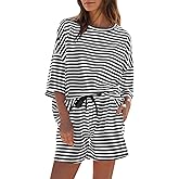 Fisoew Womens Striped 2 Piece Outfits Sweatsuits 3/4 Sleeve Oversized Tops High Waisted Shorts Casual Lounge Sets