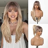 testar Long Blonde Straight Wigs With Bangs Long Ombre Blonde Synthetic Layered Wigs for Women Daily Use 26IN