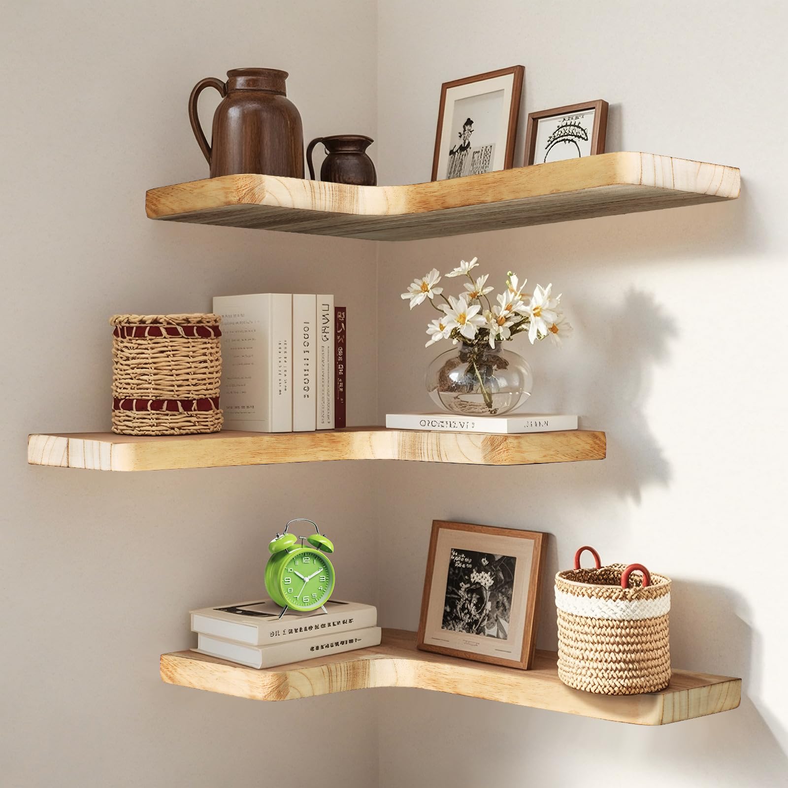 Photo 1 of jubilander Floating Corner Shelves Set of 3, Solid Wood Picture Wall Shelf, Floating Shelves for Storage for Bedroom Kitchen Bathroom Living Room (Light Burnt)