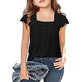Arshiner Girls Shirts Short Sleeve Square Neck Summer Lace Openwork Pleated Tops Blouse Tunic