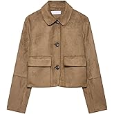 Xunger Women's Retro Faux Suede Bomber Jacket Cropped Lapel Coat Button Front Pockets Casual Streetwear Oversized Outerwear