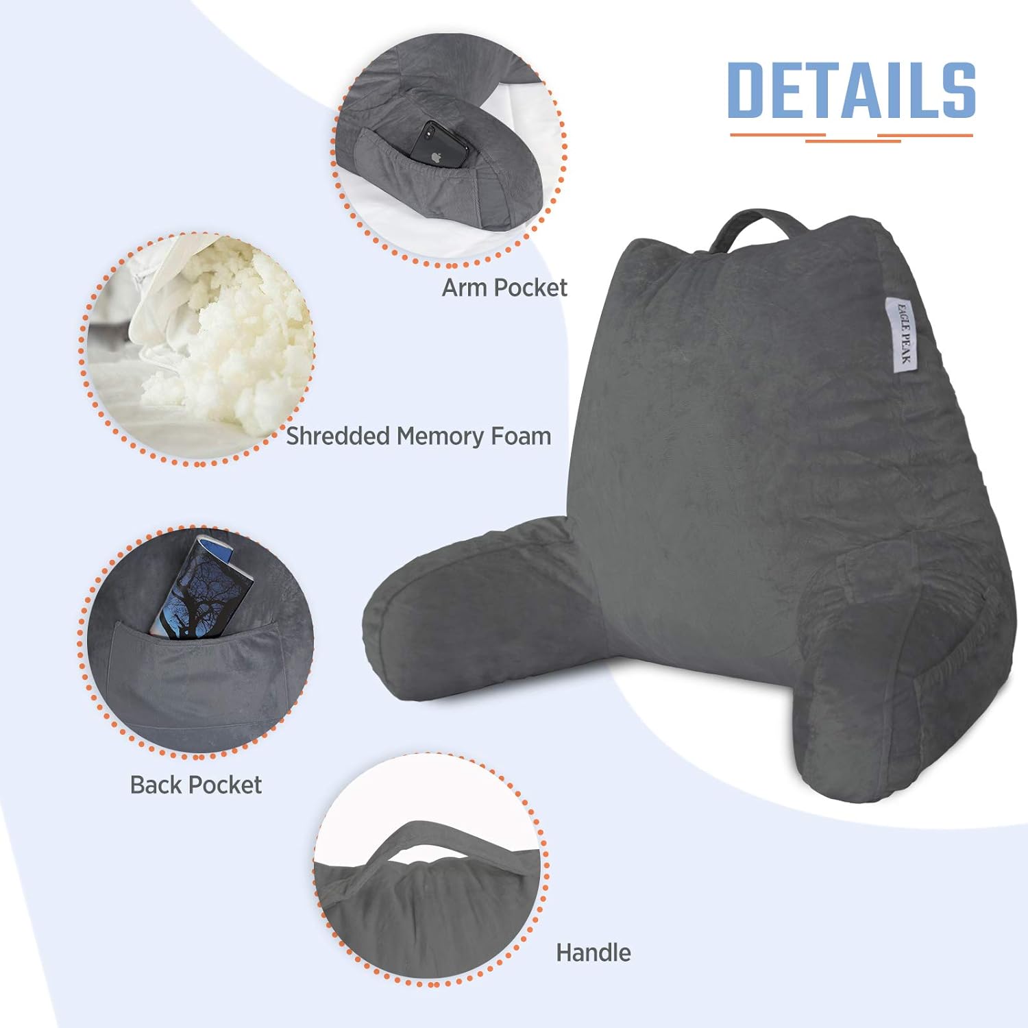 EAGLE PEAK Medium Shredded Memory Foam Reading Pillow, Bed Rest Pillow with Arms and Pockets, Removable Cover, Back Support Cushion for Adults, Teens While Reading, Watching TV, Relaxing (Dark Gray): Kitchen & Dining