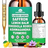 Saffron Supplements Liquid Drops- 88.5mg Pure Saffron Extract for Stress Relief & Calm Mood Support丨Advance 8-in-1 liquid Saffron w. Ashwagandha & Rhodiola Rosea, Fast Absorption Than Saffron Gummies