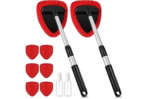 Baderke 10 Pcs Windshield Cleaner Tool Car Window Cleaning Supplies with Extendable Handle Include 6 Washable Microfiber Bonnets 2 Empty 60ml Spray Bottle Glass Wiper Kit(Red)