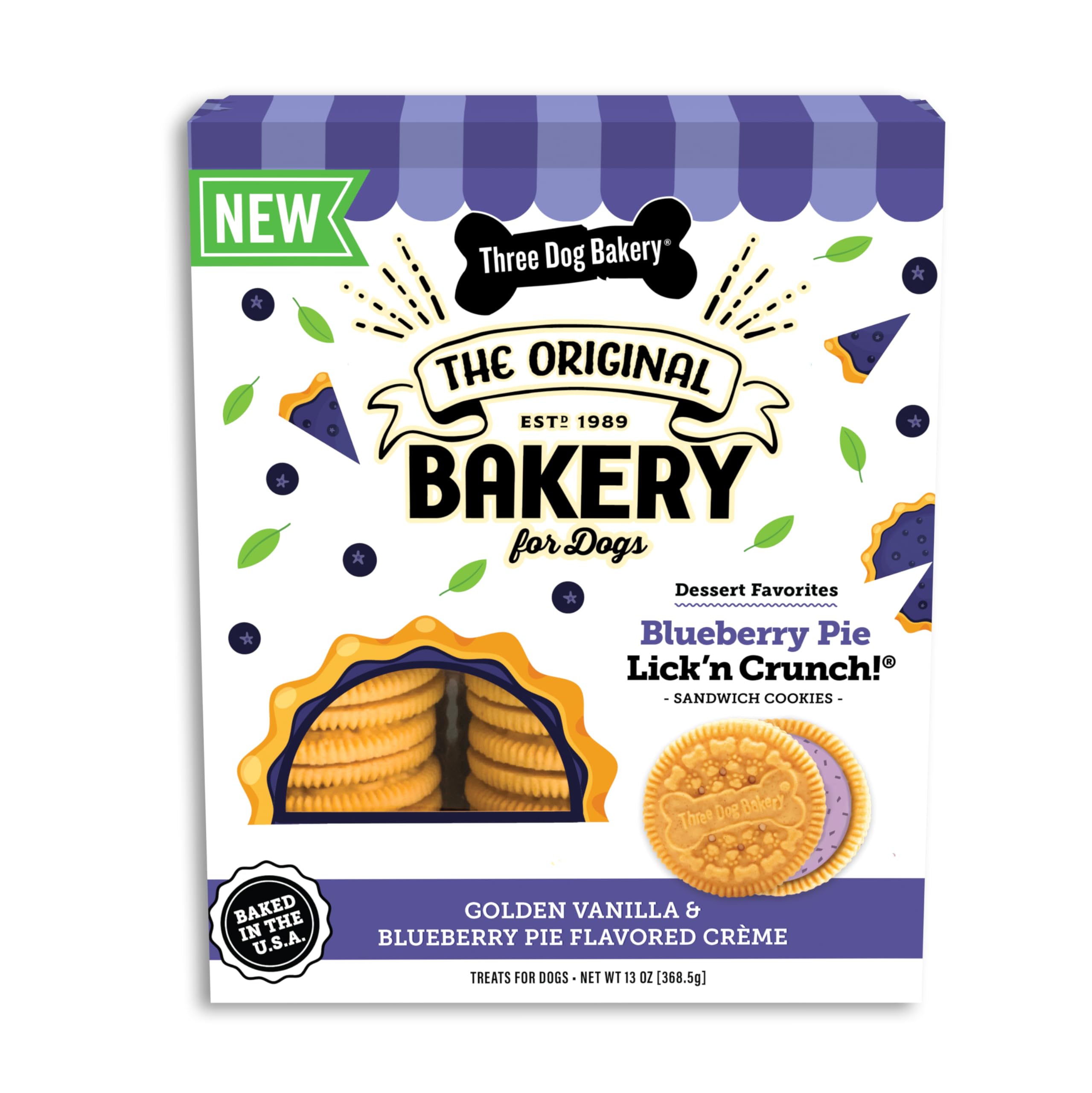 Photo 1 of Three Dog Bakery Blueberry Pie Lick'n Crunch! Sandwich - Cookies with Real Blueberries, Puppy Cookies, Dog Birthday, Drool-Worthy Dog Bakery Snack