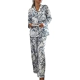 WDIRARA Women's Graphic Pajama Sets Long Sleeve Button Down Pants Pjs 2 Piece Sleepwear