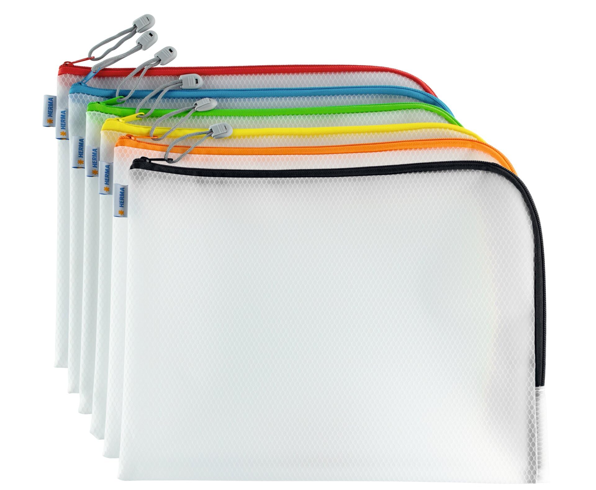 HERMA 20013 Zip Document Bag A4, Pack of 10, transparent (36 x 28 cm) large zippered mesh pouch with zipper for laptop, tablet, books, papers, toys, clear storage wallet with zipper, assorted colours — image 1
