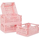 4 Pack Pink Plastic Baskets, Small Crate Storage Baskets for Organizing | Collapsible Crates, Stackable Mini Cute Storage Bins for Classroom,Office,Desk,Bathroom,Drawer Organizer Decor 5.9"x3.9"x2.3"