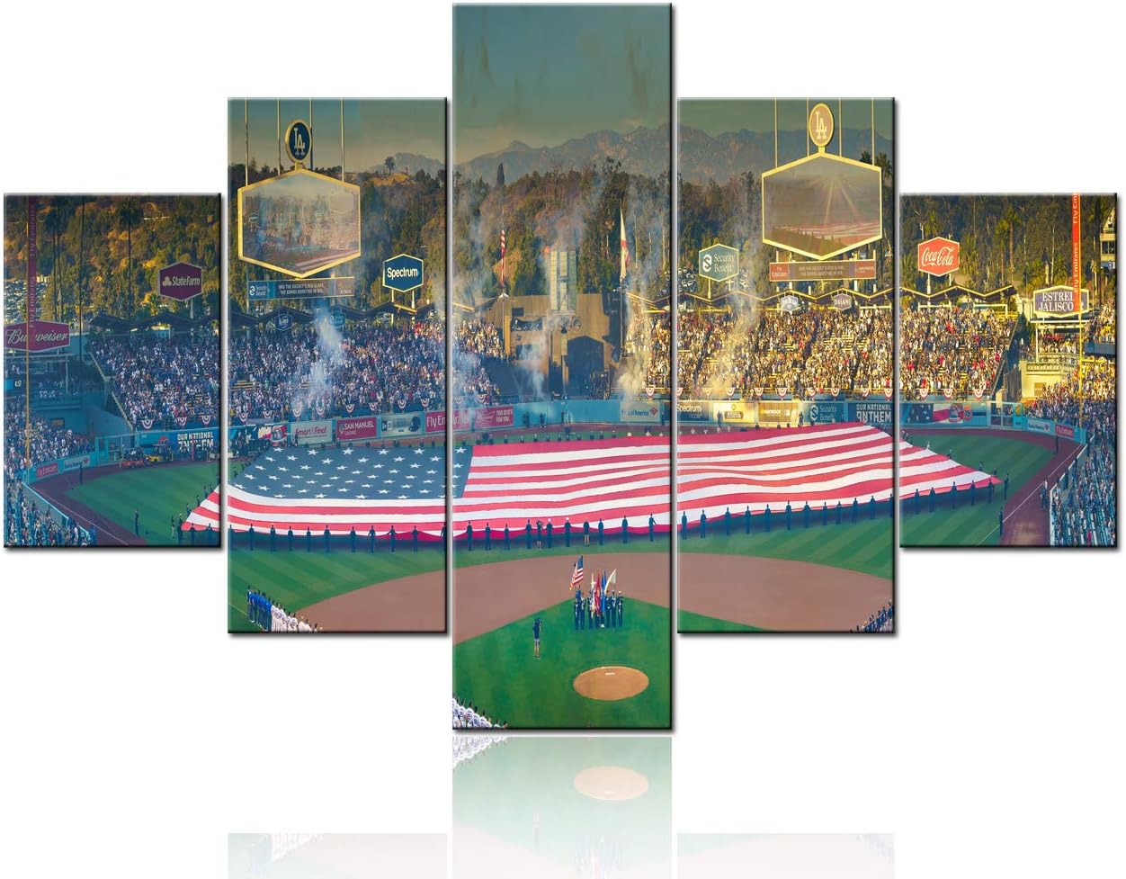 5 Panel Canvas Painting Wall Art Giant US Flag in Dodger Stadium Pictures Los Angeles Dodgers versus Boston Red Sox Framed Artwork Home Decor for Living Room Posters and Prints Stretched Ready to Hang