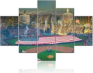 5 Panel Canvas Painting Wall Art Giant US Flag in Dodger Stadium Pictures Los Angeles Dodgers versus Boston Red Sox Framed Artwork Home Decor for Living Room Posters and Prints Stretched Ready to Hang