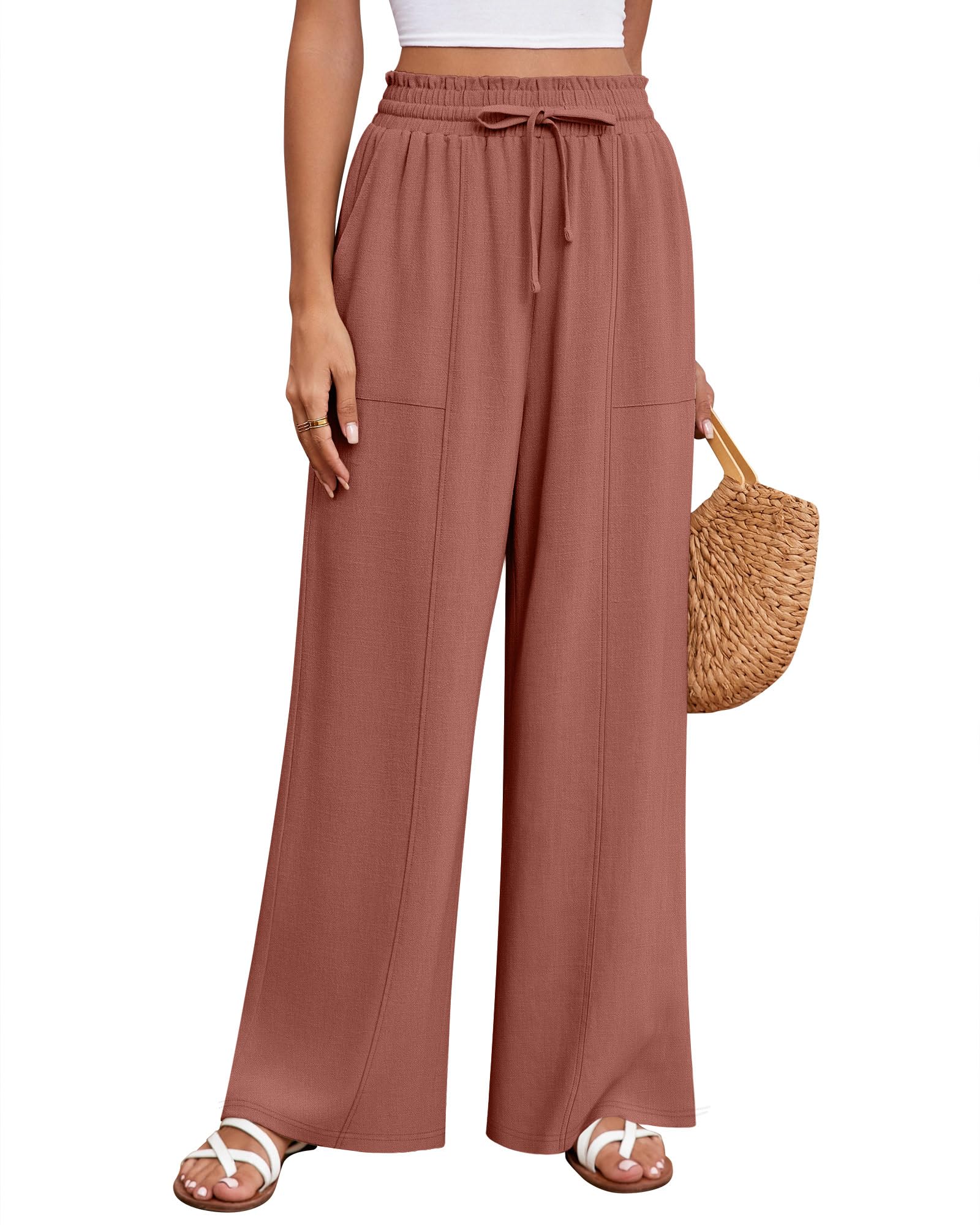 Photo 1 of ***MINOR TEAR*** Huukeay Women's Linen Wide Leg Pants, High Waist Flowy Palazzo Pants with Pockets Drawstring Summer Casual Work Trousers(Brick Red,Medium)