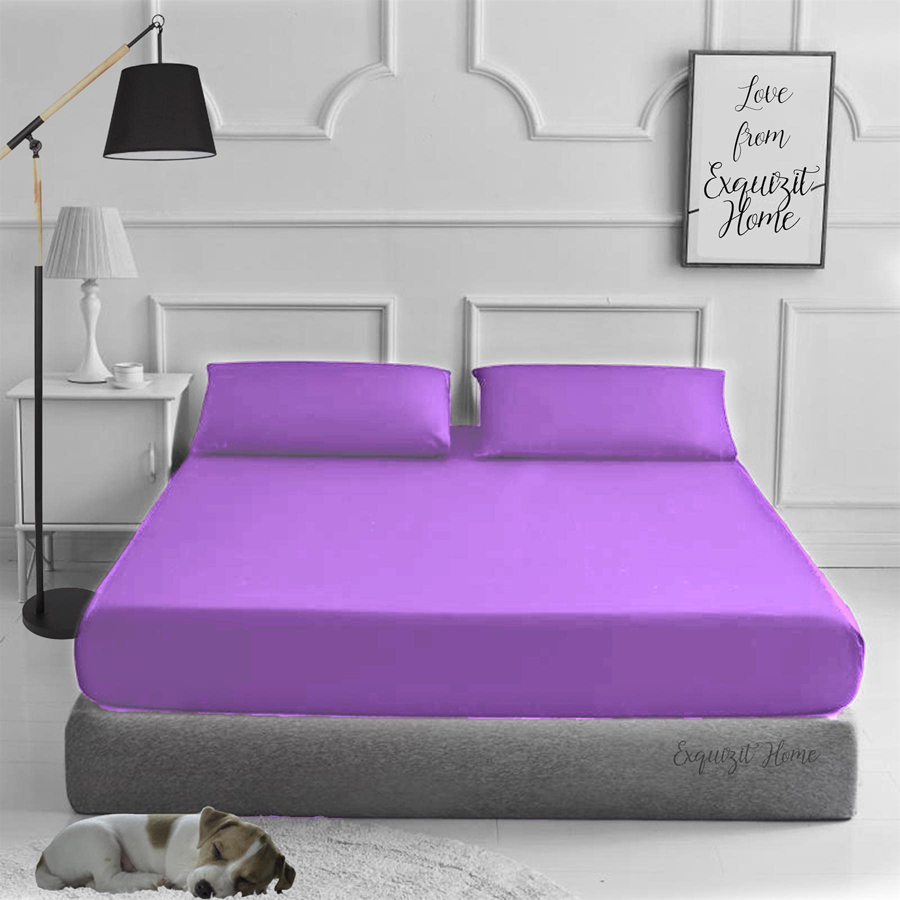 EXQUIZIT HOME® Fitted Bed Sheet with Pillowcases Pack of 2 – Plain Dyed Poly Cotton Percale Easy Care 180TC Bed Sheet, Soft & Durable 50% Cotton 50% Polyester (Lilac–Superking)