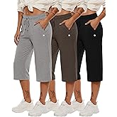 Neer 3 Pack Women's Capri Pants, Wide Leg Basic Sweatpants Lounge Loose Fit Casual Drawstring Yoga Capris with Pockets