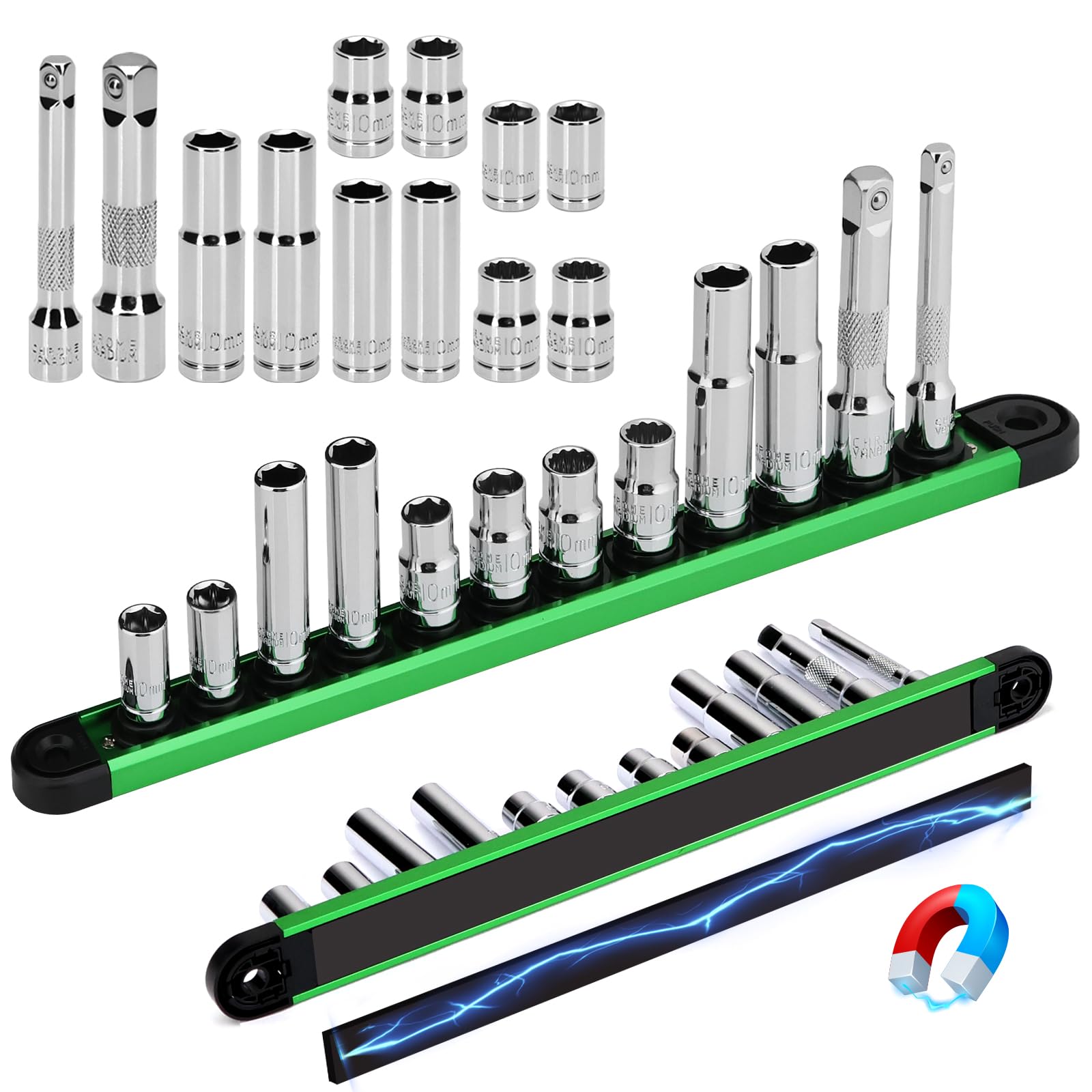 Photo 1 of **1 PC MISSING**
11-Piece 1/4" & 3/8" Drive 10mm Socket Set with 3-inch 3/8 & 1/4 Extension Bars | Deep & Shallow Mirror Finish Socket Set | Magnetic Storage Rail | Cr-V | 6 Point & 12 Point (13 Pack)