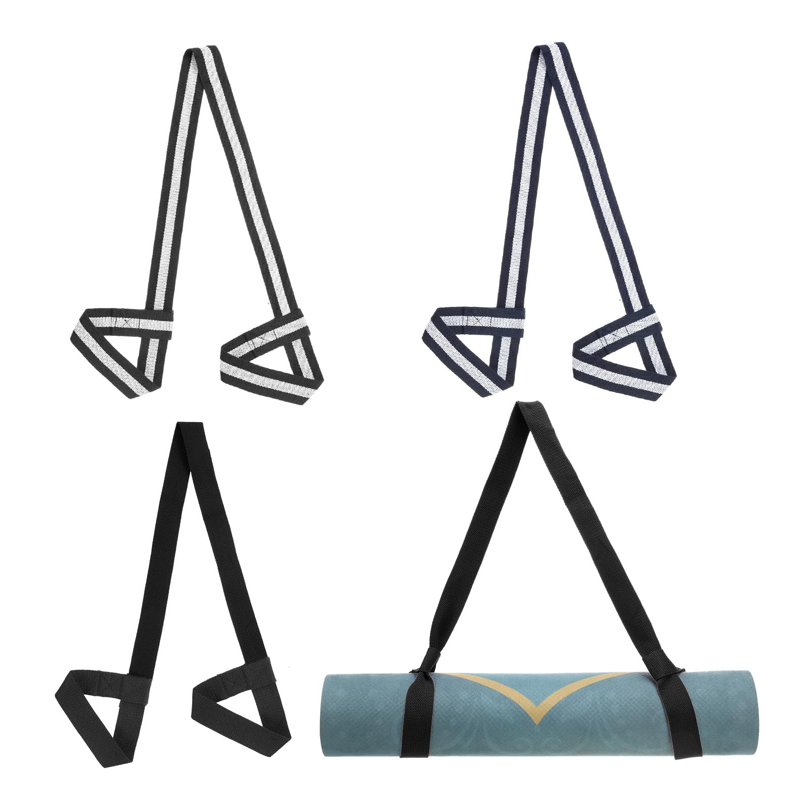 PATIKIL Yoga Mat Strap, 4 Pack Adjustable Yoga Mat Carrier Straps Sling Cotton Anti Slip Mat Holder Stretching Band for Exercise, Black/Black White/Blue White