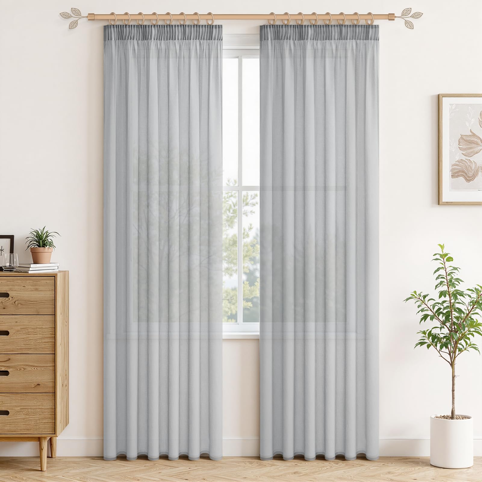 MRTREES Voile Grey Curtains for Bedroom 88 Drop 2 Panels Faux Linen Pencil Pleat Curtains Panel for Bedroom Living Room Patio Door 55x88 Drop 140cm x 225cm