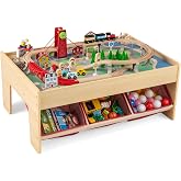 HONEY JOY Train Table, Wooden Kids Activity Table with 3 Storage Bins, 94 Multicolor Pieces, Tracks, Trains, Cars, Toddler Train Table Set with Reversible Tabletop, Gift for Boys Girls Age 3+