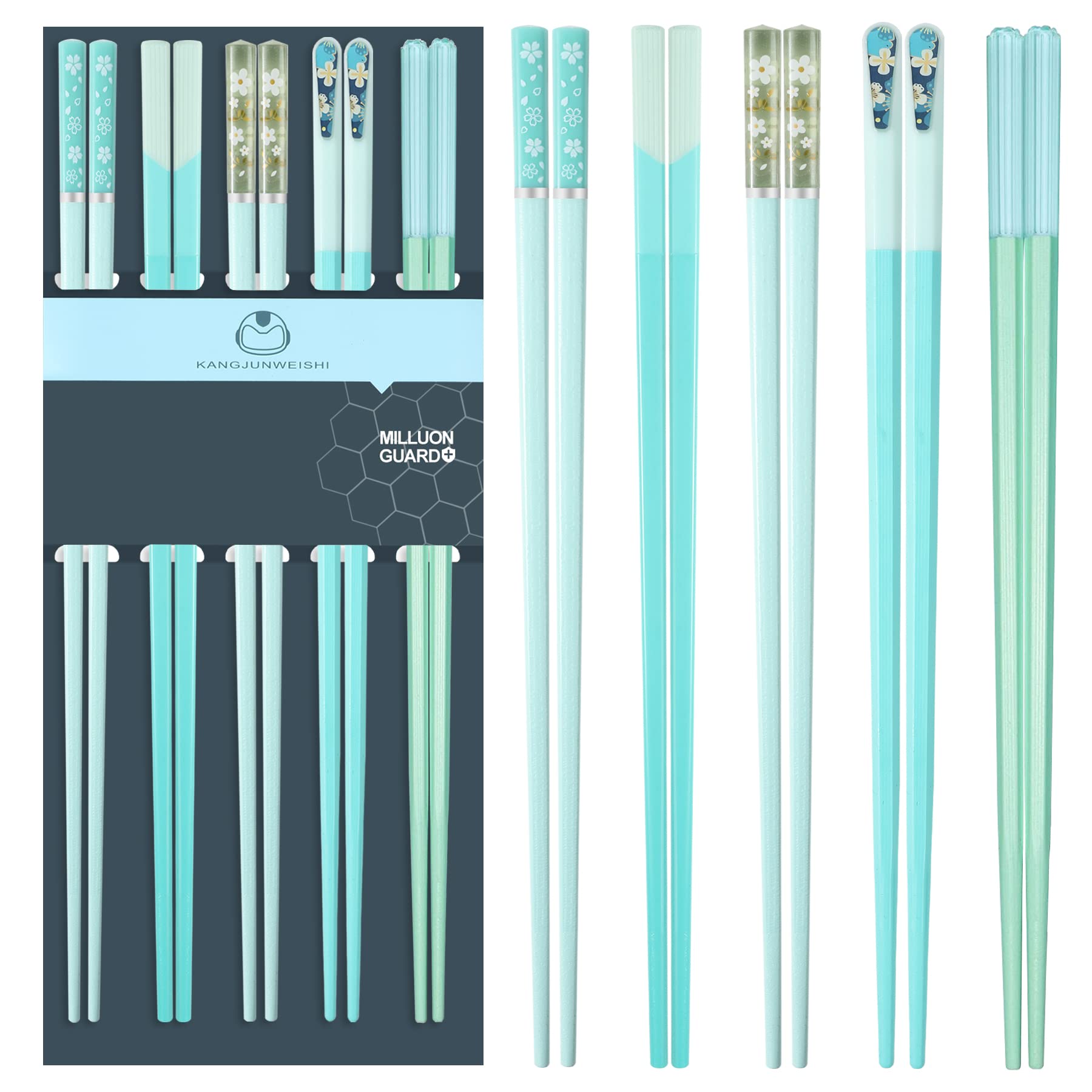 Slivek Chopsticks Reusable Dishwasher Safe, 9.57 inches Premium Non-slip Fiberglass Chop Sticks, Japanese Chinese Korean Chopstick for Party, Green, 5 Pairs