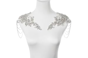 AMUSEDIY White Pair Beaded Rhinestones Applique Embellishment for Clothes,Epaulettes Shoulder Patches Sew-on Diamond Sequin Applique for Wedding Dress DIY Accessories
