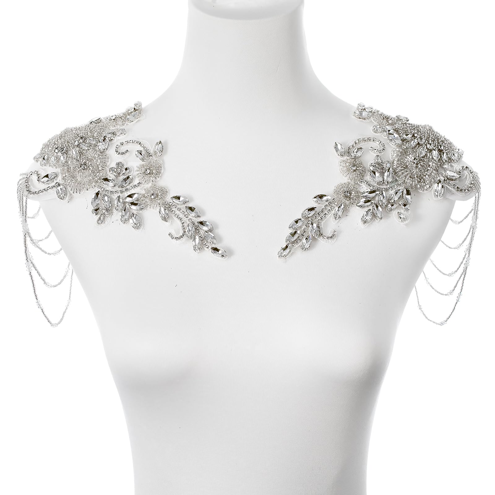 Photo 1 of White Pair Beaded Rhinestones Applique Embellishment for Clothes,Epaulettes Shoulder Patches Sew-on Diamond Sequin Applique for Wedding Dress DIY Accessories