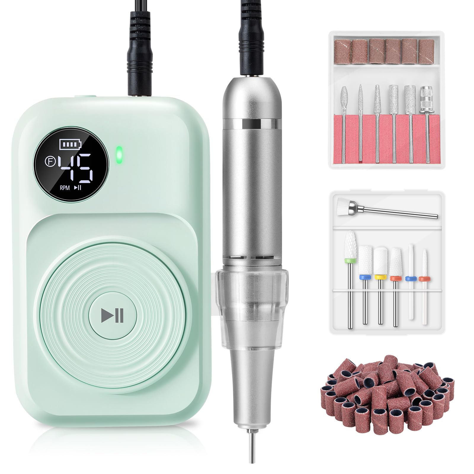 Madenia Electric Nail File 45000RPM, Professional Rechargeable Nail Drill Machine with Ceramic & Metal Drill Bits, Cordless E File Portable Efile for Acrylic Nails Gel Salon Home Manicure Use (Green)