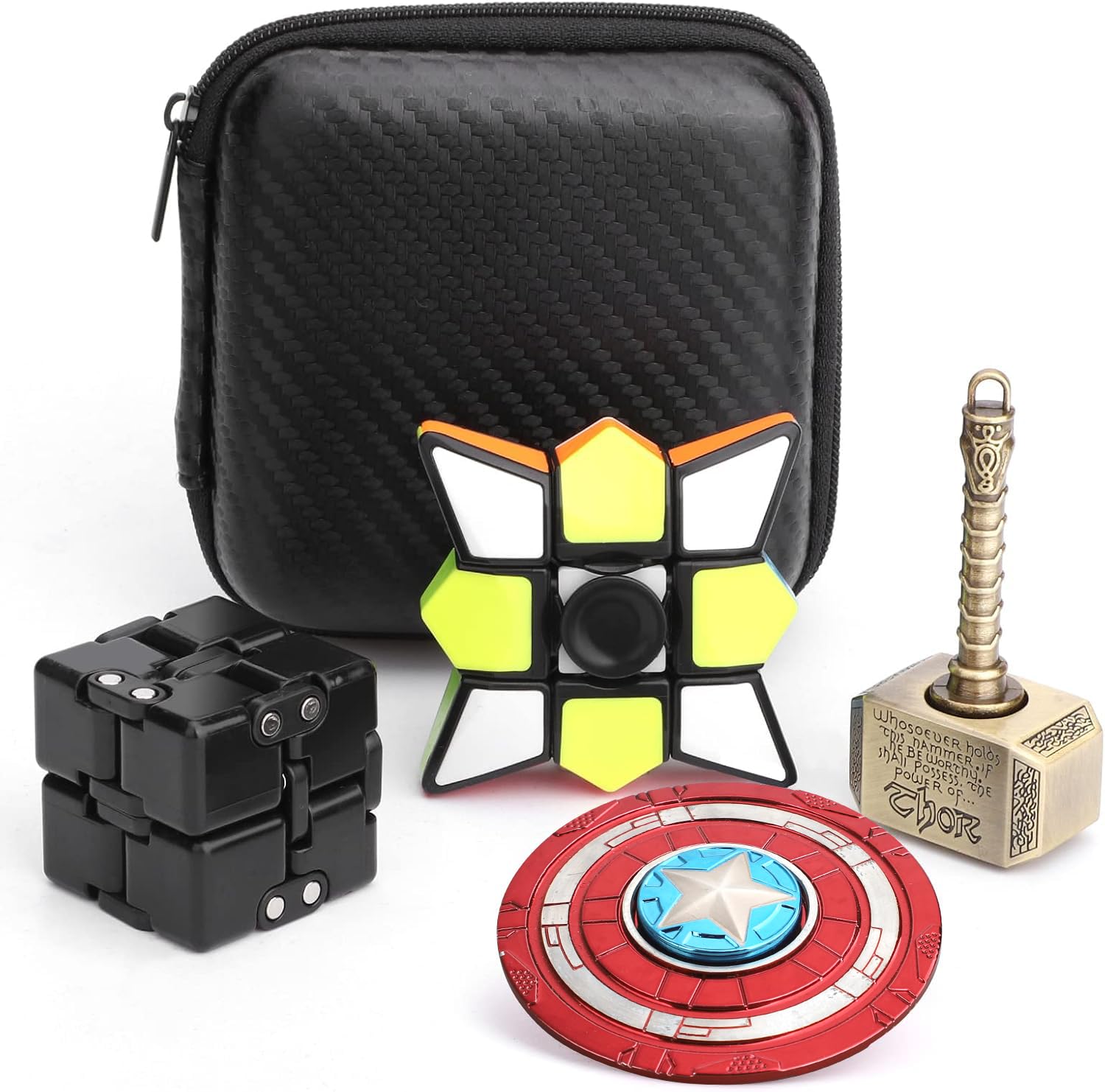 Fidget Spinner Cube Pack Superhero Hammer Spinner Magic Infinity Cube, Fidget Small Cool Gadget Stress Anxiety Relief Finger Spinner Toy Birthday Gift for Boy Girl Kid Adult (4 Pack)