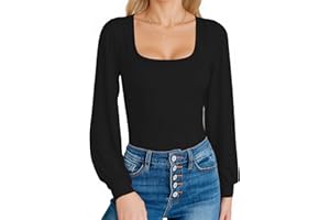 MANGOPOP Square Neck Puff Sleeve Bodysuit Loose Lantern Long Sleeve Body Suit for Women for Going Out